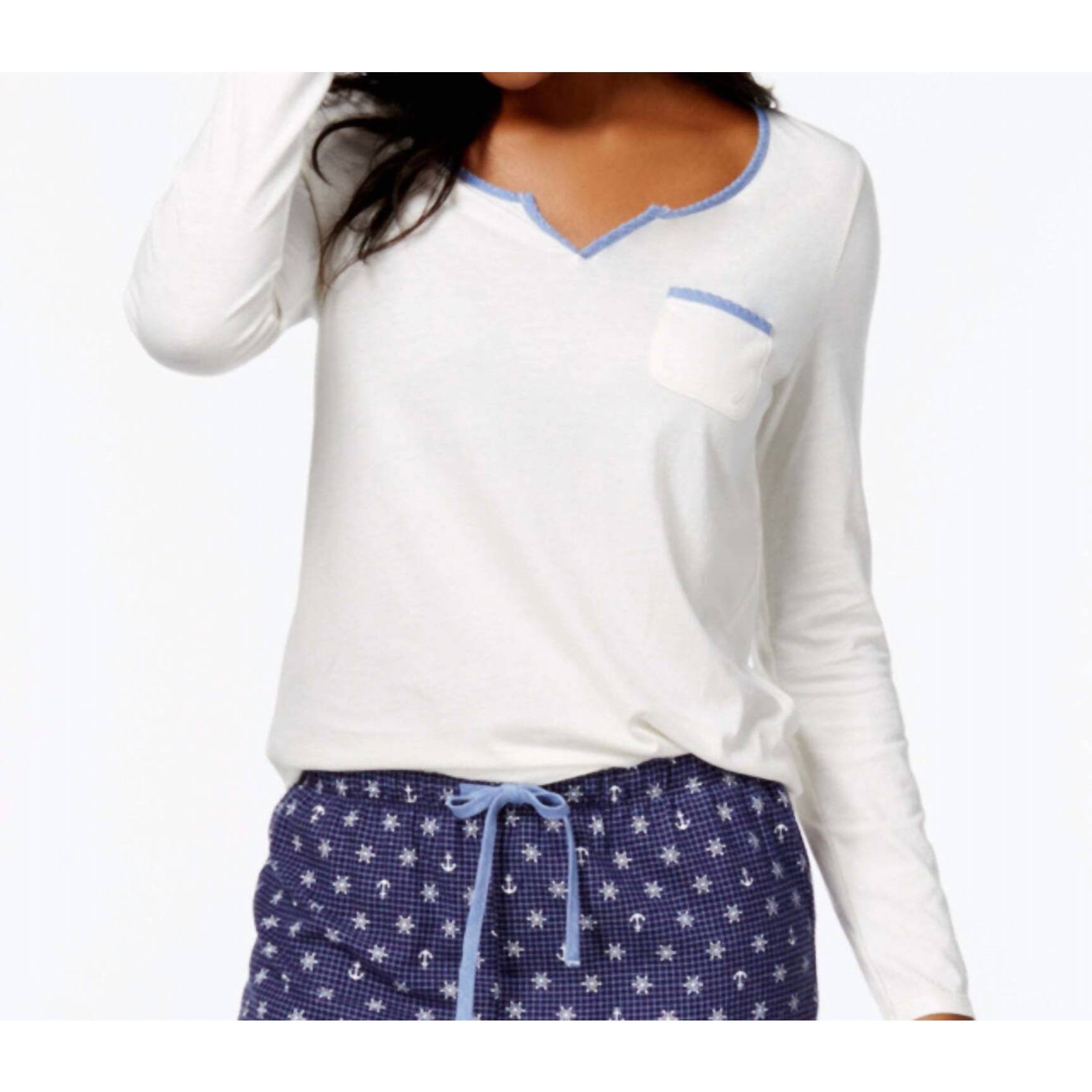 New Nautica Lace Design Long Sleeve Pajama Top In Navy Print